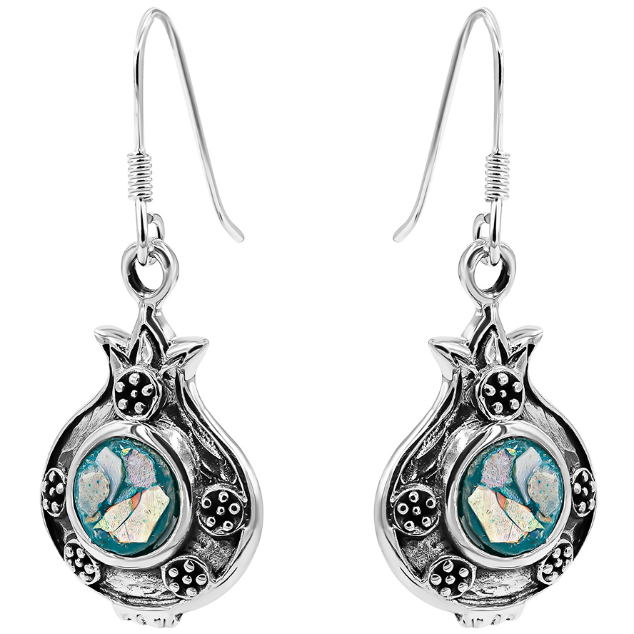 Pomegranate with Seeds' Roman Glass and Sterling Silver Earrings - Made in Israel