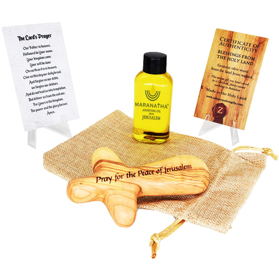 Maranatha Anointing Oil – ‘Pray for the Peace of Jerusalem’ Olive Wood Palm Cross