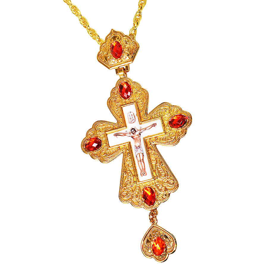 Orthodox Priest Pectoral Cross Gold Plated Jeweled Necklace - Enameled