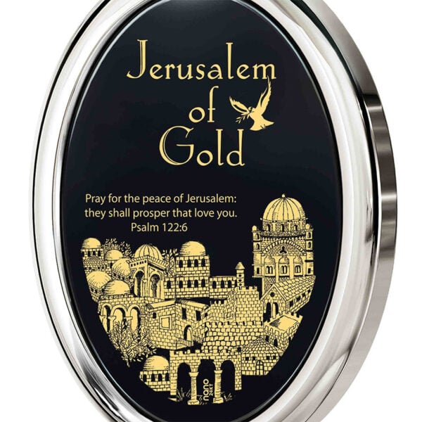 24k Gold 'Psalm 122:6' on Onyx Sterling Silver Oval 'Jerusalem' Necklace (detail)
