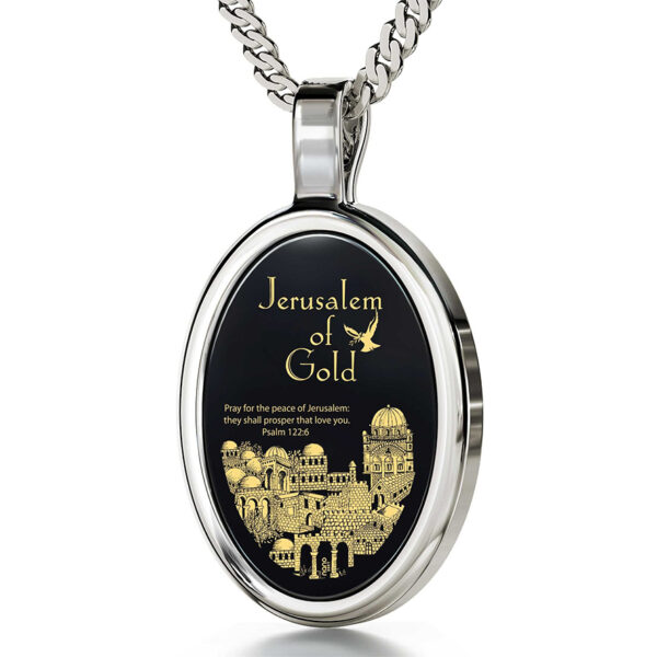 24k Gold 'Psalm 122:6' on Onyx Sterling Silver Oval 'Jerusalem' Necklace