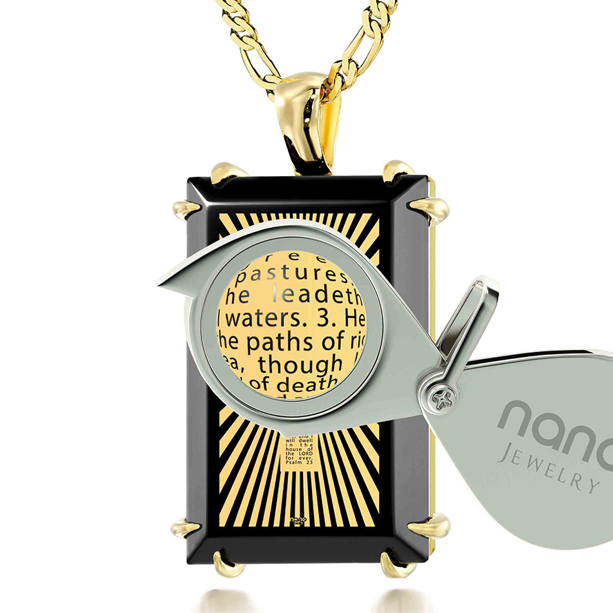 Psalm 23 Inscribed 24k Gold on Onyx 14k Gold Prong Scripture Pendant (with magnifying glass)