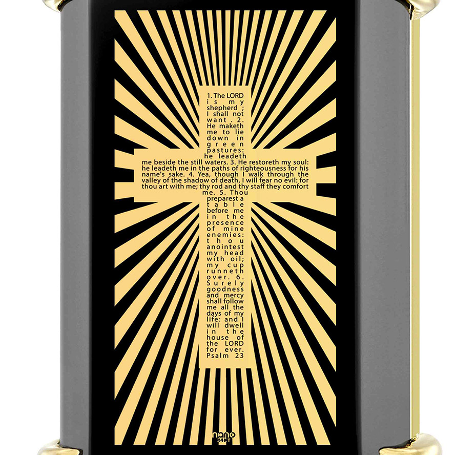 Psalm 23 Inscribed 24k Gold on Onyx 14k Gold Prong Scripture Pendant (detail)