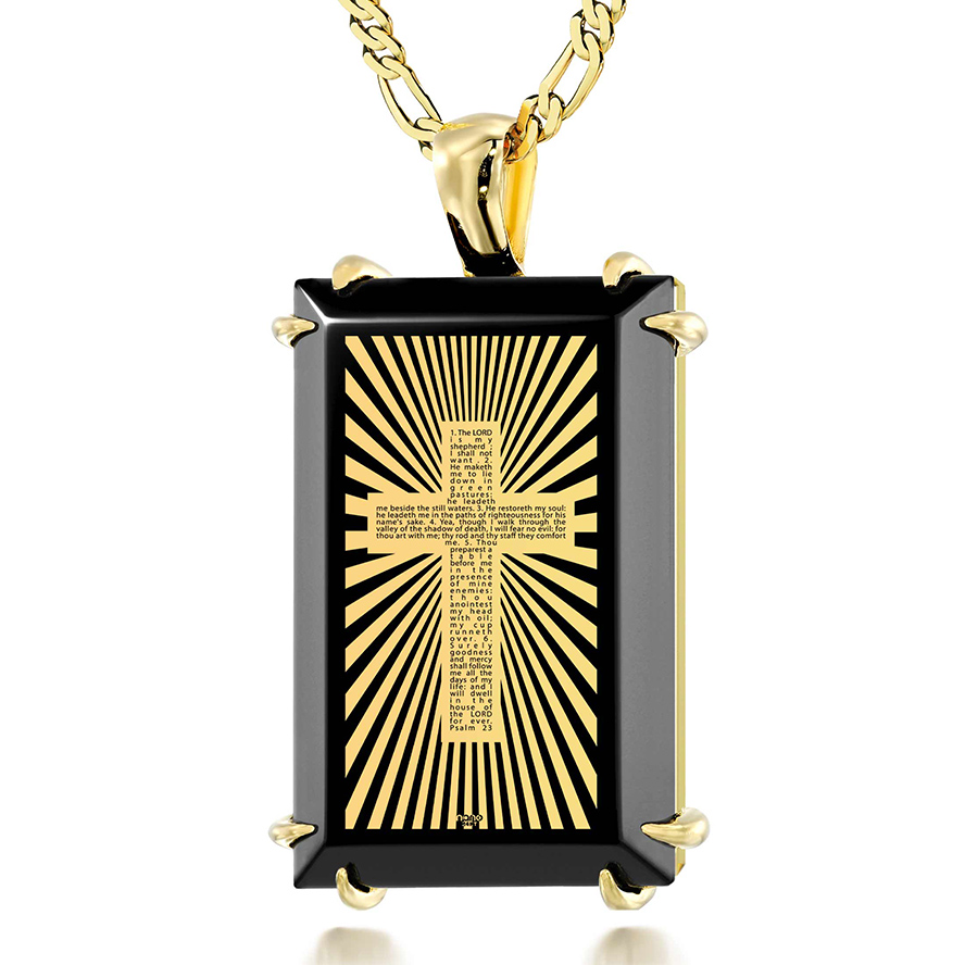 Psalm 23 Inscribed 24k Gold on Onyx 14k Gold Prong Scripture Pendant