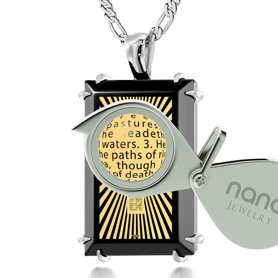 Psalm 23 Inscribed with 24k Gold on Onyx 925 Silver Prong Scripture Pendant (with magnifier)