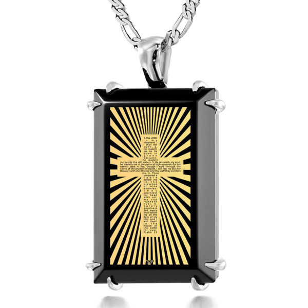 Psalm 23 Inscribed with 24k Gold on Onyx 925 Silver Prong Scripture Pendant