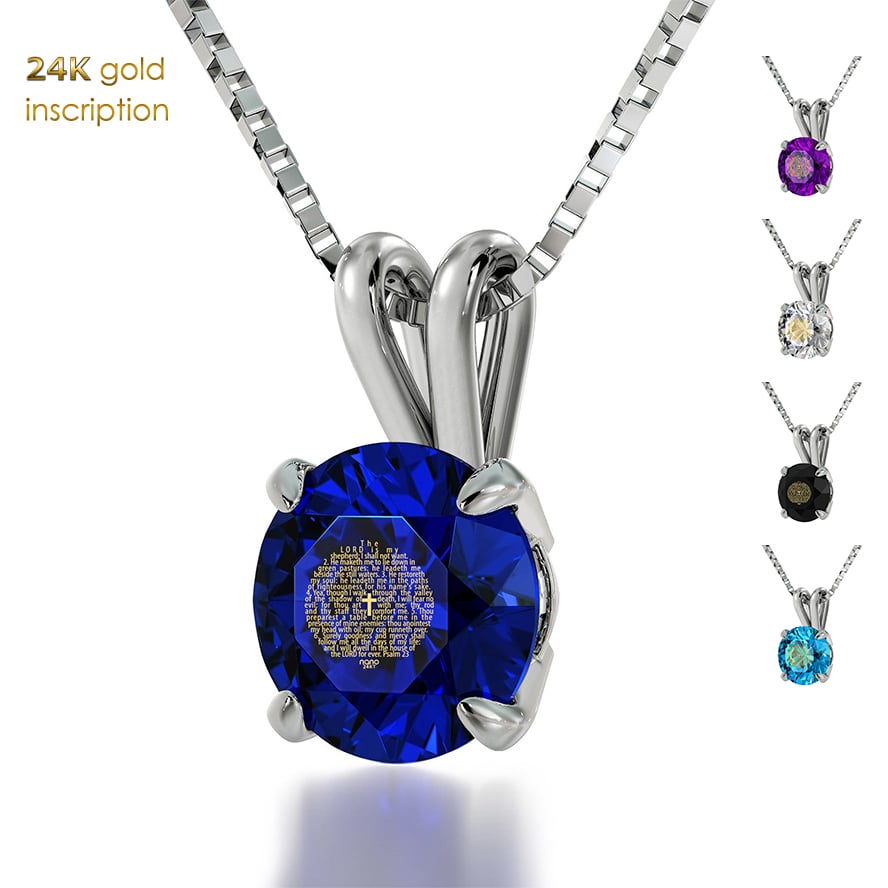 Psalm 23 Nano 24k Inscribed Zirconia - Sterling Silver Solitaire Necklace - Colors