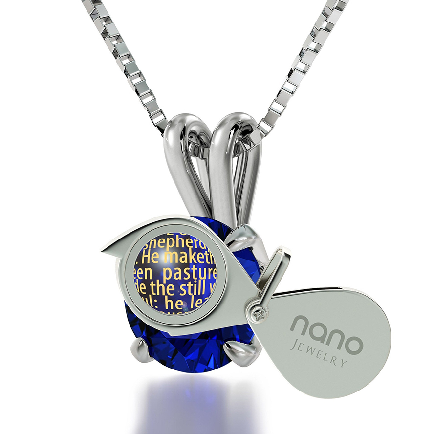 Psalm 23 Nano 24k Inscribed Zirconia Sterling Silver Solitaire Necklace (with magnifying glass)
