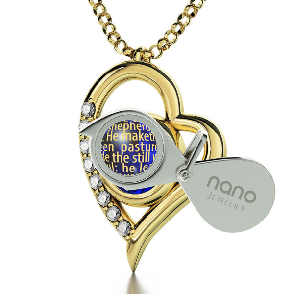 Psalm 23 Inscribed on Swarovski 14k Gold Heart Pendant with Diamonds (with magnifying glass)