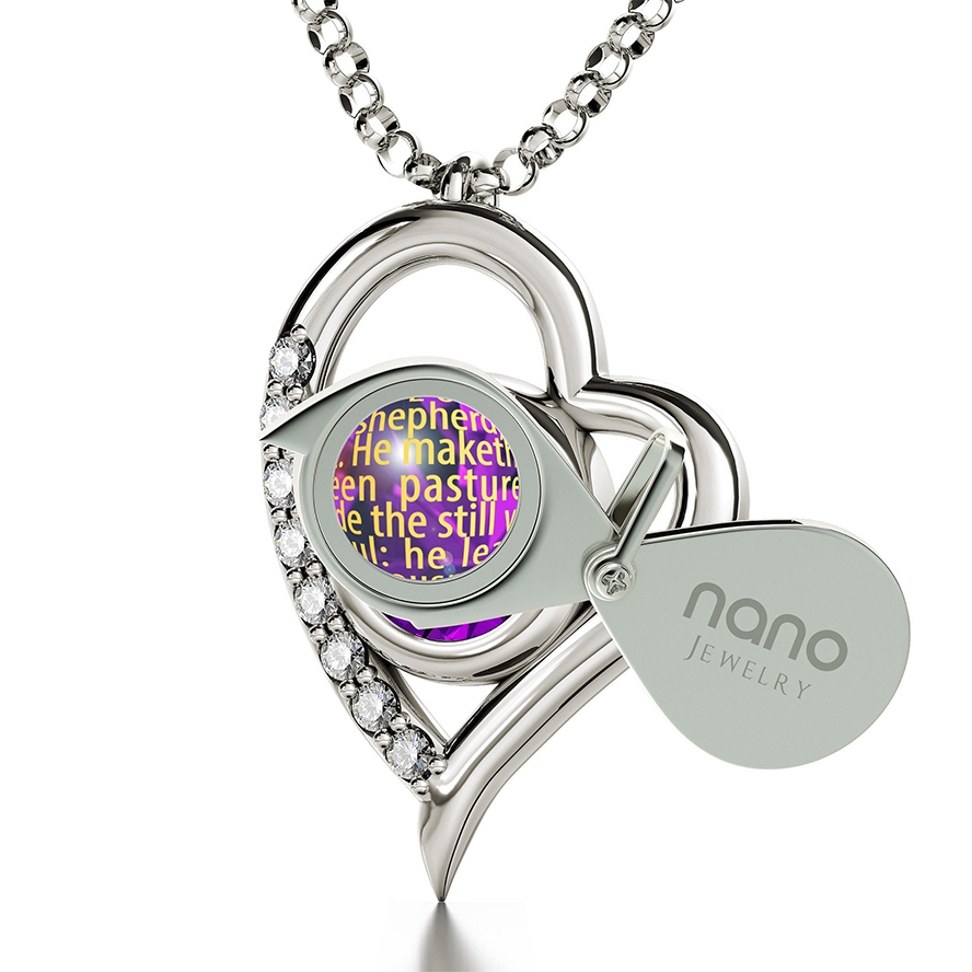 24k Inscribed Psalm 23 on Zirconia Sterling Silver Heart Necklace (with magnifying glass)
