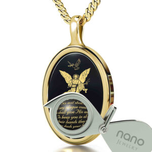 Psalm 91 Angel on Onyx with 24k Scripture 14k Gold Oval Pendant (with magnifying glass)