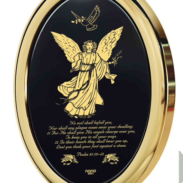 Psalm 91 Angel on Onyx with 24k Scripture 14k Gold Oval Pendant (detail)