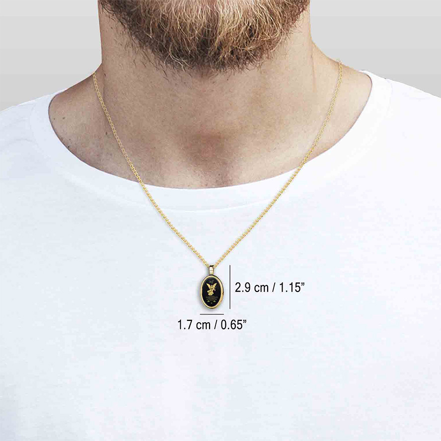 Psalm 91 Angel on Onyx with 24k Scripture 14k Gold Oval Pendant (worn by guy)