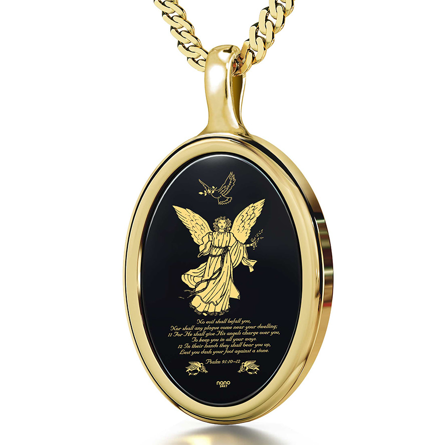 Psalm 91 Angel on Onyx with 24k Scripture 14k Gold Oval Pendant