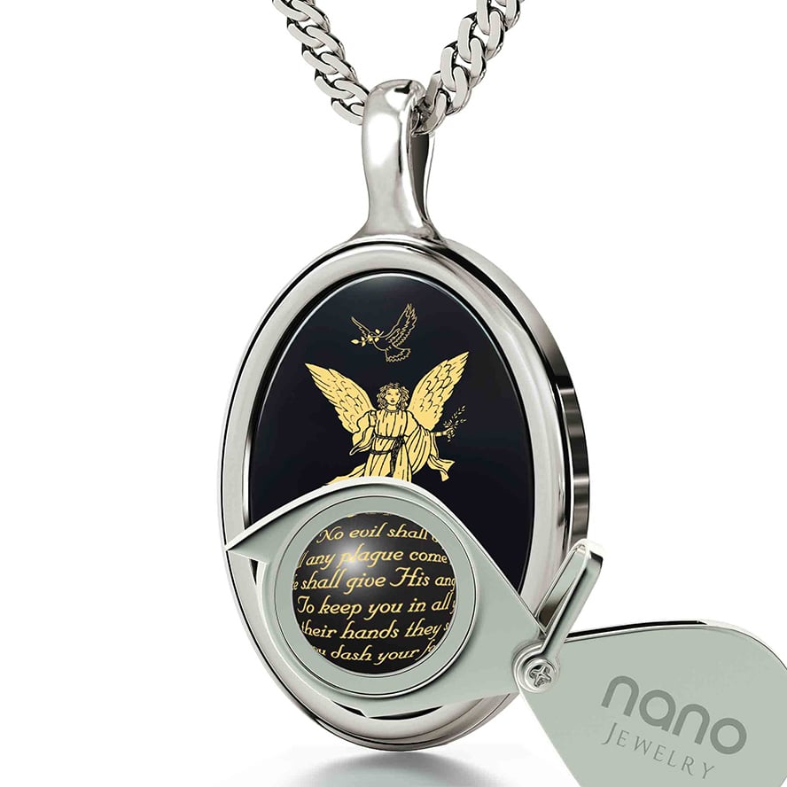 Psalm 91 Angel on Onyx with 24k Scripture 925 Silver Oval Pendant (with magnifying glass)