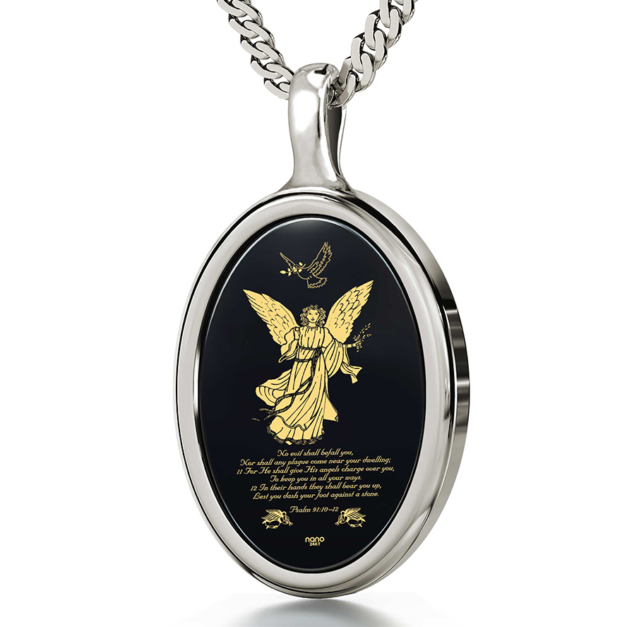 Psalm 91 Angel on Onyx with 24k Scripture 925 Silver Oval Pendant