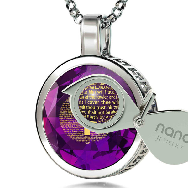 Psalm 91 Inscribed with 24k Gold on Zirconia, 925 Silver Scripture Pendant (with included magnifying glass)