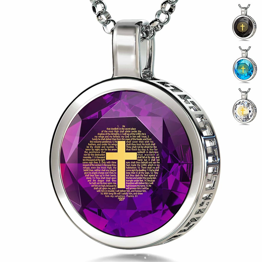 Psalm 91 Inscribed with 24k Gold on Zirconia, 925 Silver Scripture Pendant (with zirconia options)