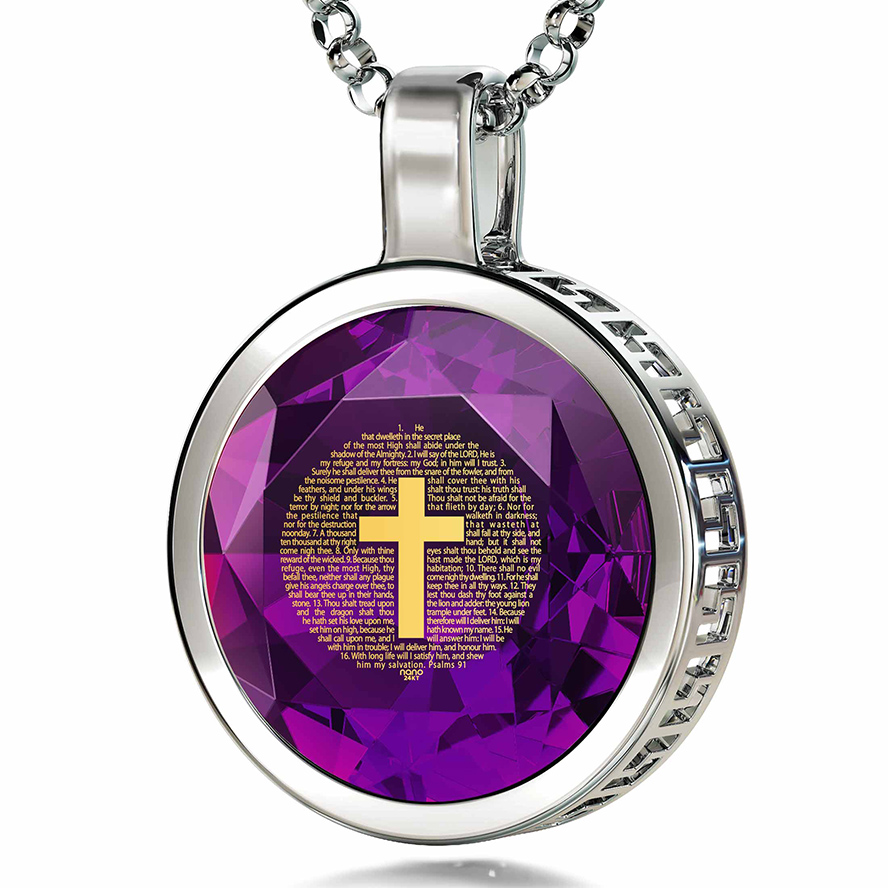 Psalm 91 Inscribed with 24k Gold on Zirconia, 925 Silver Scripture Pendant