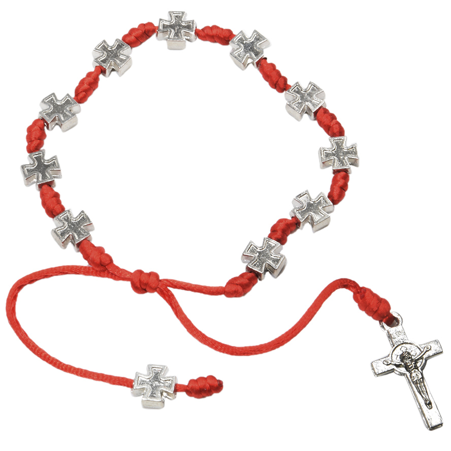 Red Cotton Bracelet 'Jerusalem Cross' Metal Beads and Crucifix