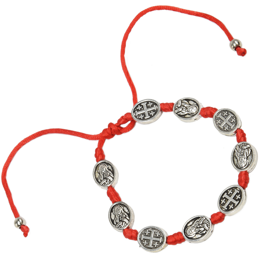 Red Cotton Bracelet with ‘Mary & Jesus’ and ‘Jerusalem Cross’ Beads