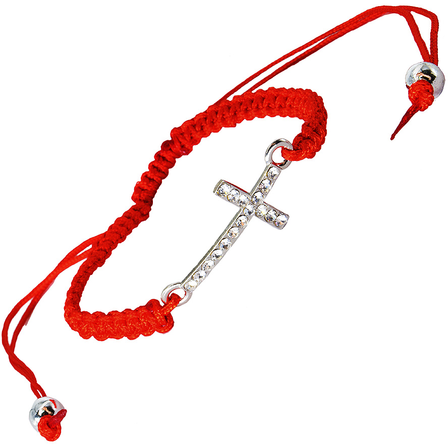 Christian Red Cotton Bracelet with Zircon Cross - Made in Jerusalem