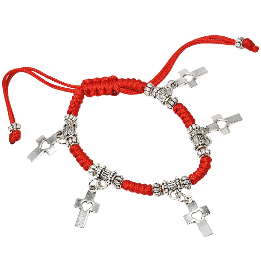 Christian Red Cotton Charm Bracelet with Cross Hearts