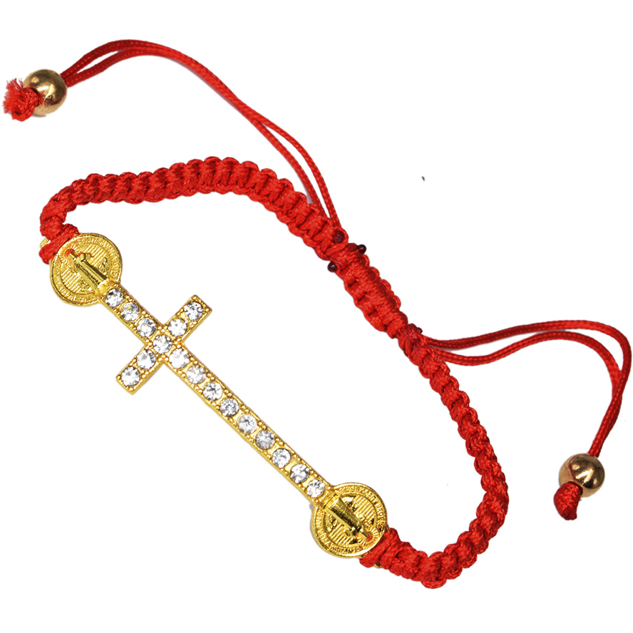 Red Cotton Zircon Cross Bracelet from Jerusalem – Adjustable