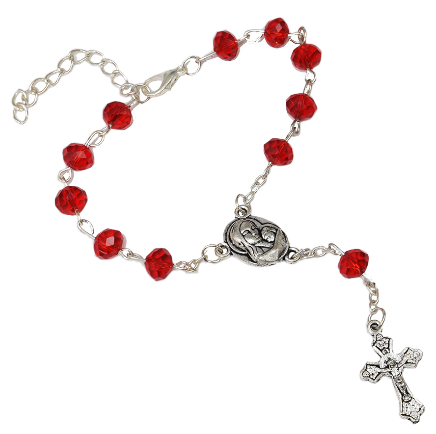Red Crystal Rosary Bead Bracelet 'Jesus & Mary' Icon from Jerusalem
