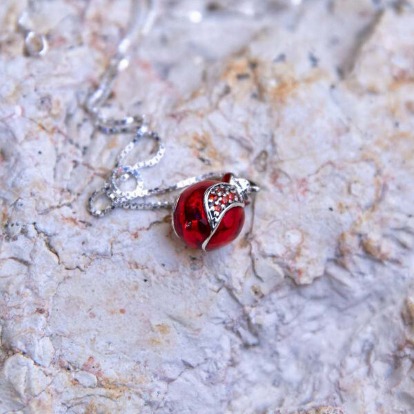 Red Enamel Pomegranate Sterling Silver Pendant with Red Garnet Seeds (in nature)