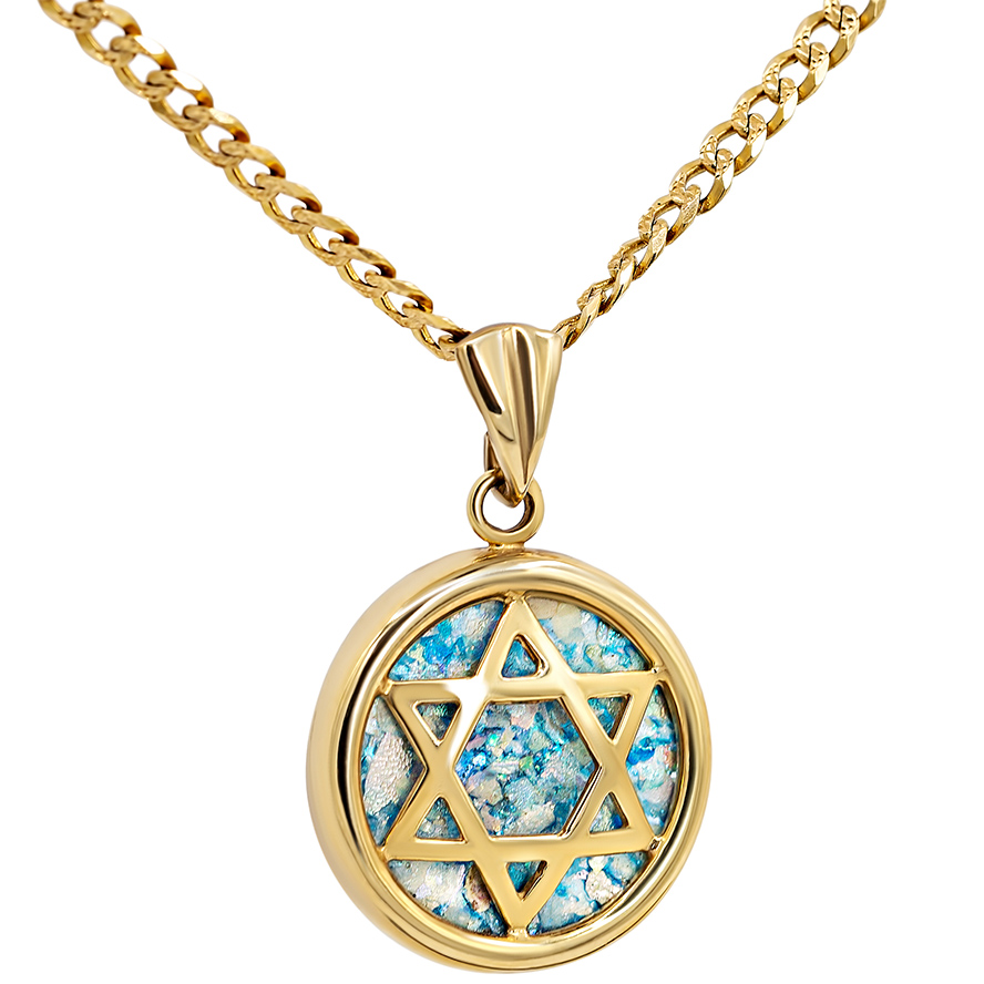 Roman Glass ‘Star of David’ 14k Gold Circular Pendant – Made in Israel (with chain)