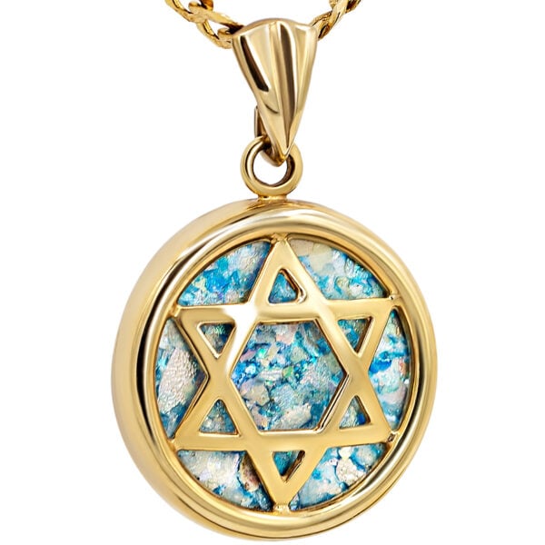 Roman Glass 'Star of David' 14k Gold Circular Pendant - Made in Israel