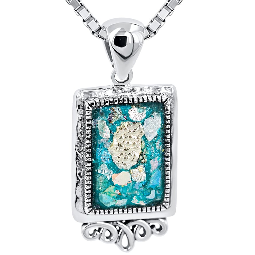Roman Glass ‘Rectangle’ Pendant from Jerusalem – Decorated Silver