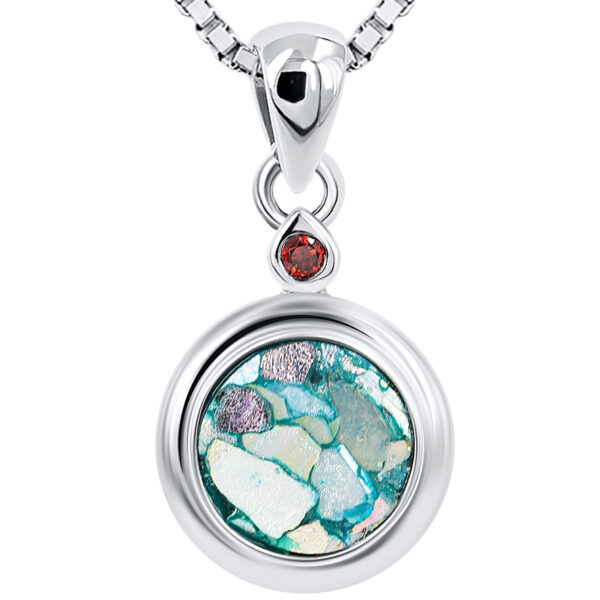 Roman Glass Circular Pendant from Israel with Red Crystal - 925 Silver