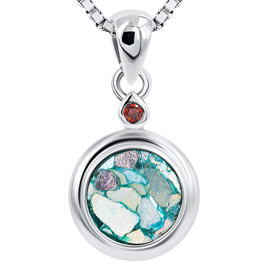 Roman Glass Circular Pendant from Israel with Red Crystal – 925 Silver