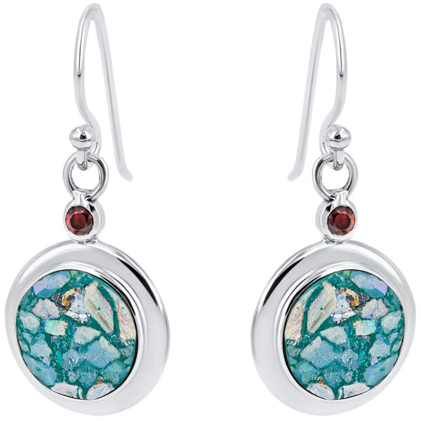 Roman Glass Circular Earrings from Israel with Red Crystal - 925 Silver