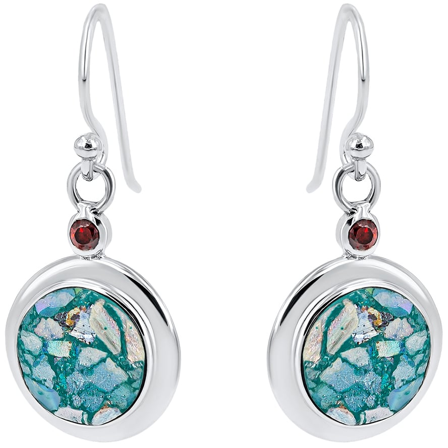Roman Glass Circular Earrings from Israel with Red Crystal – 925 Silver