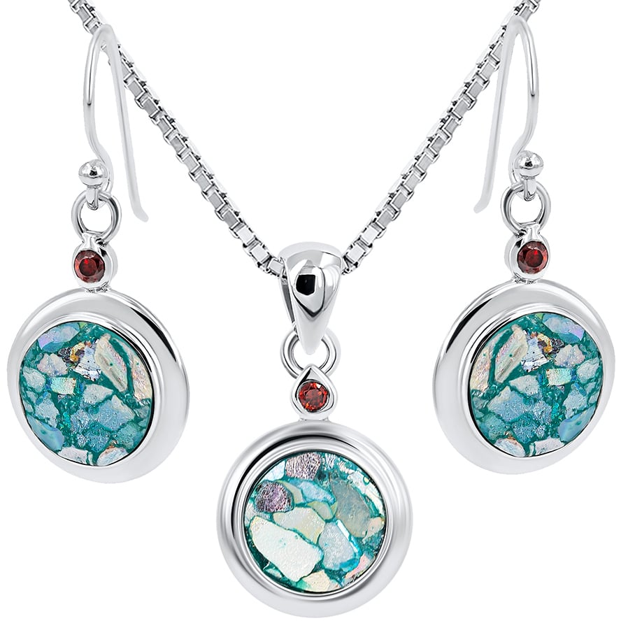 Roman Glass Circular Pendant and Earring Set - Red Crystal - 925 Silver