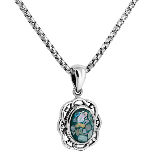 Classic Elegance - 2000 year old Roman Glass in an Ornate Silver Pendant (with chain)