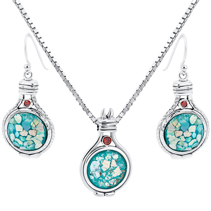 Roman Glass ‘Covenant’ Pendant and Earring Set from Israel – 925 Silver