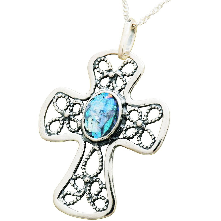 Sterling Silver Cross Pendant with Roman Glass – Made in Jerusalem