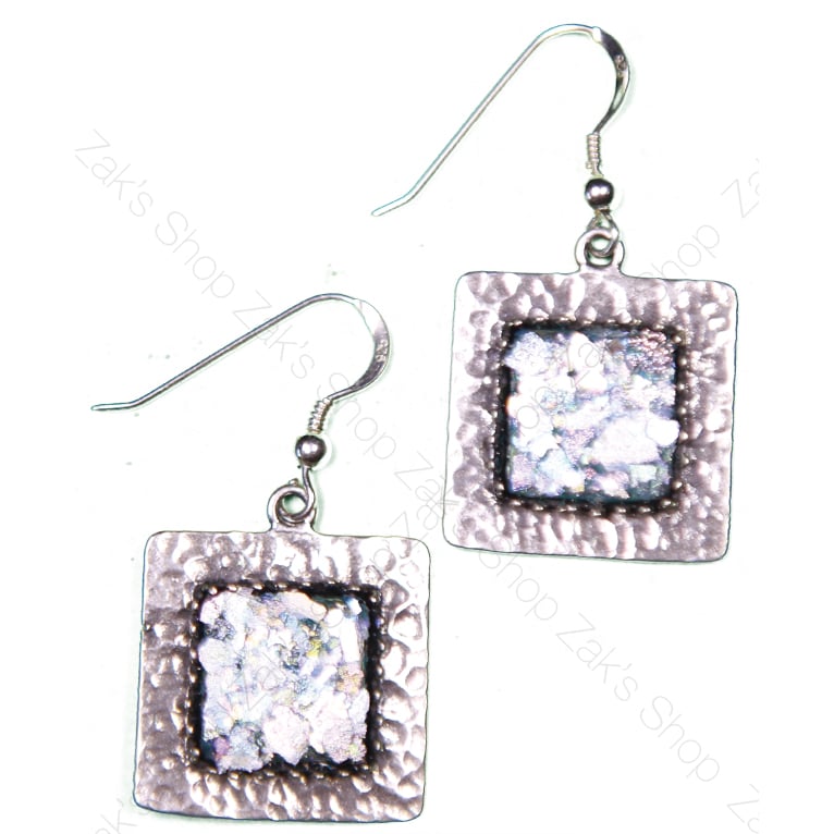 ‘Roman Glass’ Hammered Silver Earrings – Square