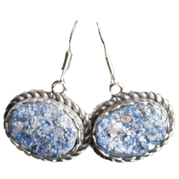 Roman Glass Silver 'Oval' Decorated frame Earrings from Jerusalem