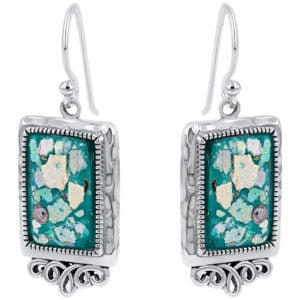 Silver 'Roman Glass' Rectangle Decorated Earrings