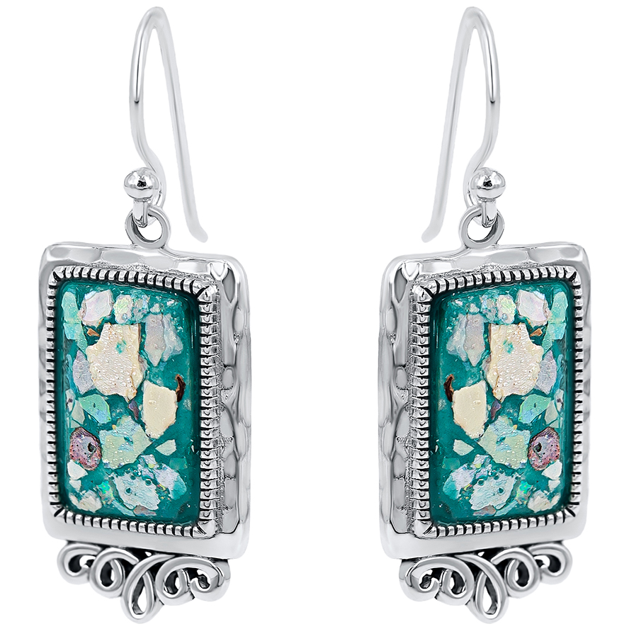 Silver ‘Roman Glass’ Rectangle Decorated Earrings