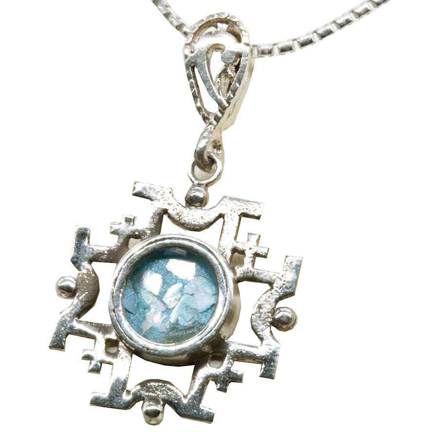 Silver Pendant of the ‘Jerusalem Cross’ with Authentic Roman Glass