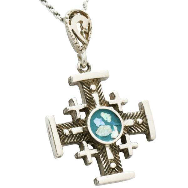 Roman Glass 'Jerusalem Cross' Fish-bone Oxidized Design Silver Necklace