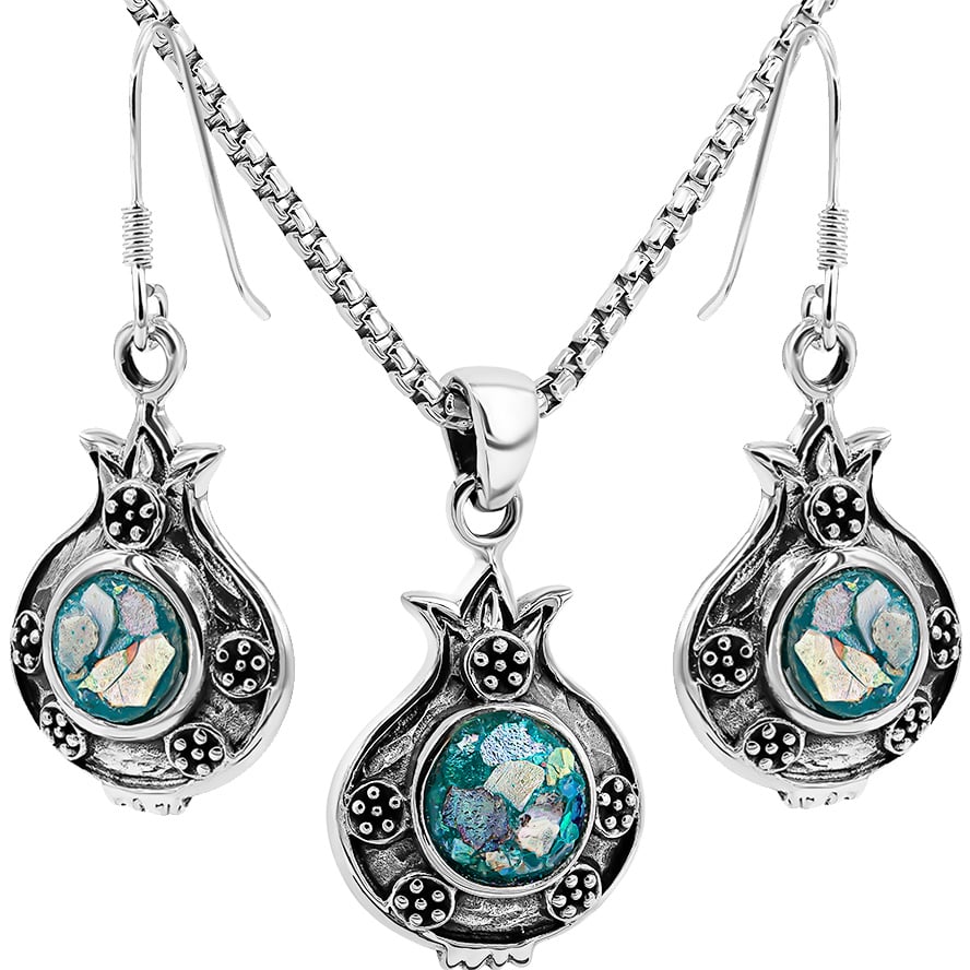 Pomegranate with Seeds’ Roman Glass and Silver Jewelry Set