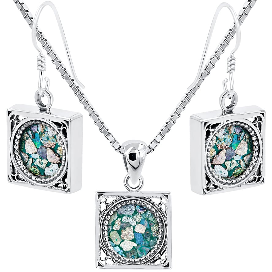 Roman Glass Square Pendant and Earring Set – Ornate 925 Silver
