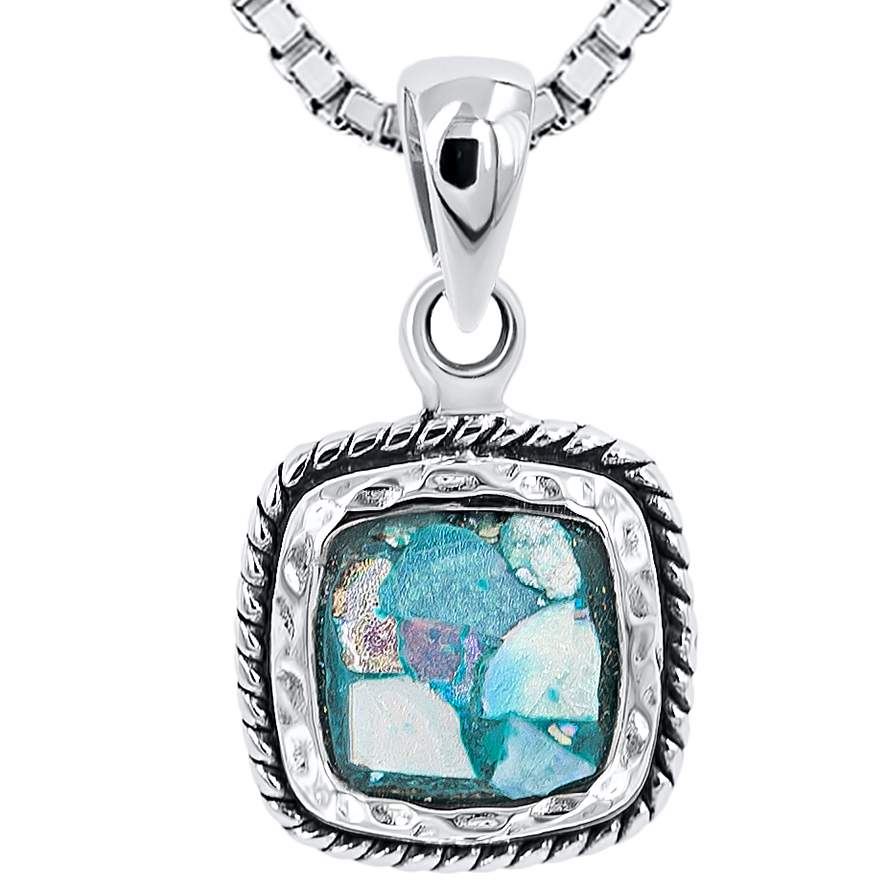 Roman Glass Square Rope Sterling Silver Pendant – Made in Israel